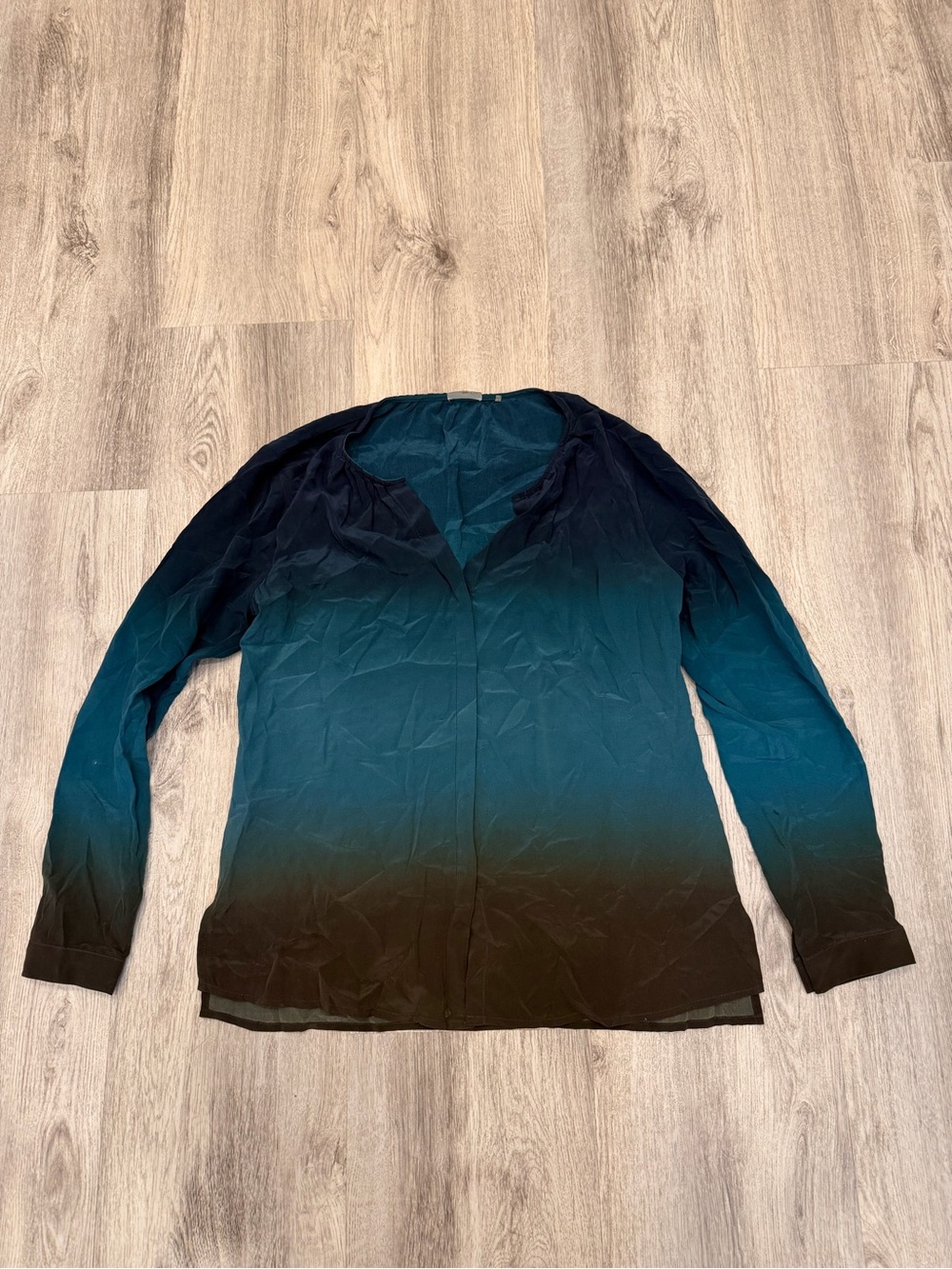 ECRU 100% Silk Ombré Teal Black Long Sleeve Blouse